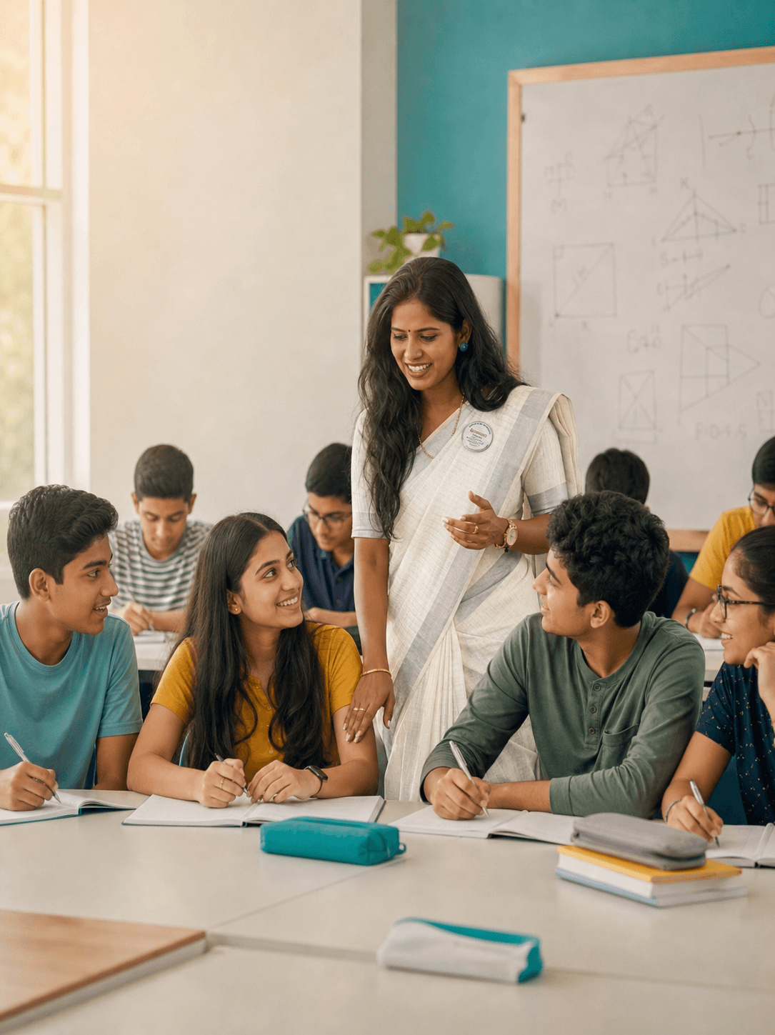 Krishna Shah teaching students in a bright classroom